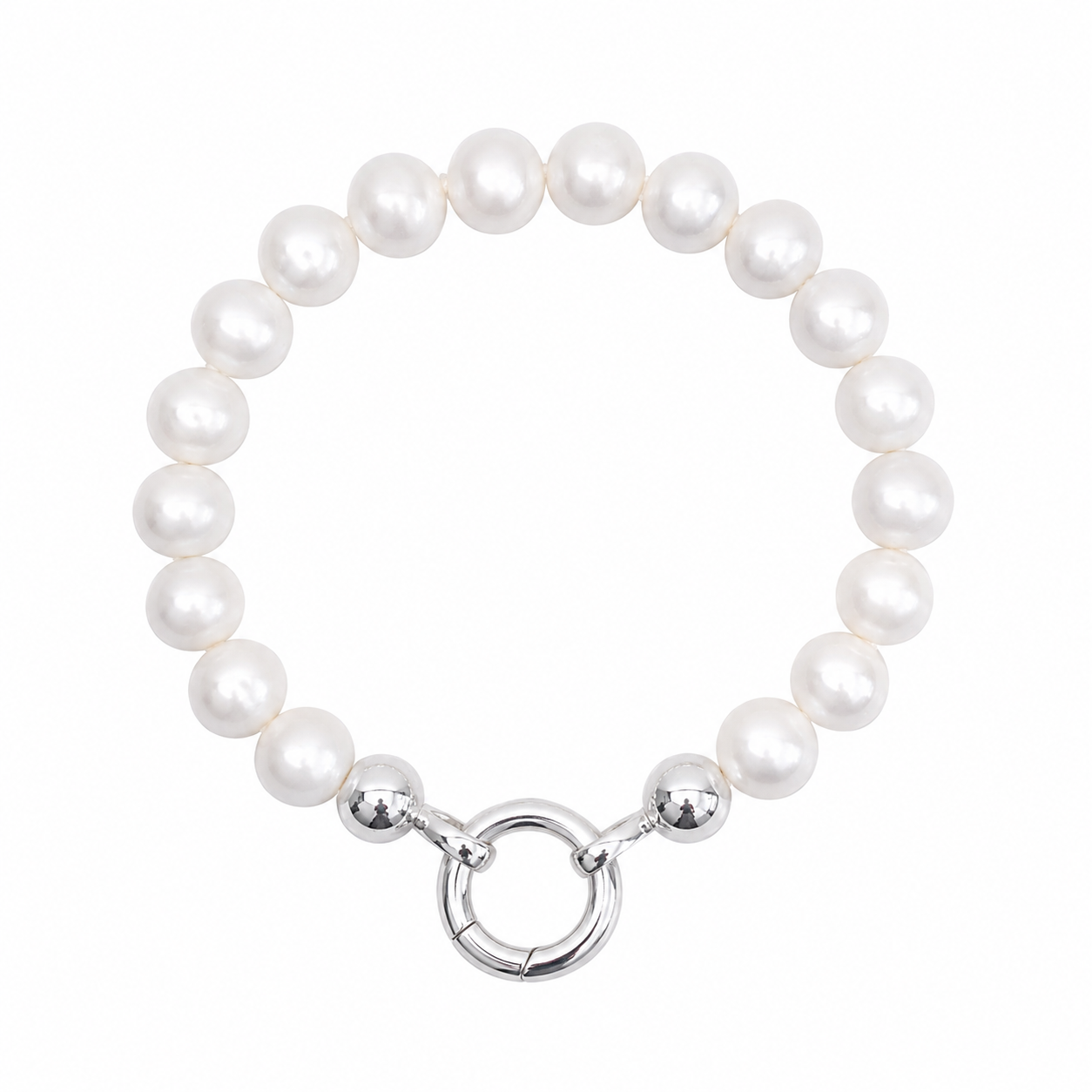Coastal luxe freshwater pearl bracelet with large sterling silver charm clasp
