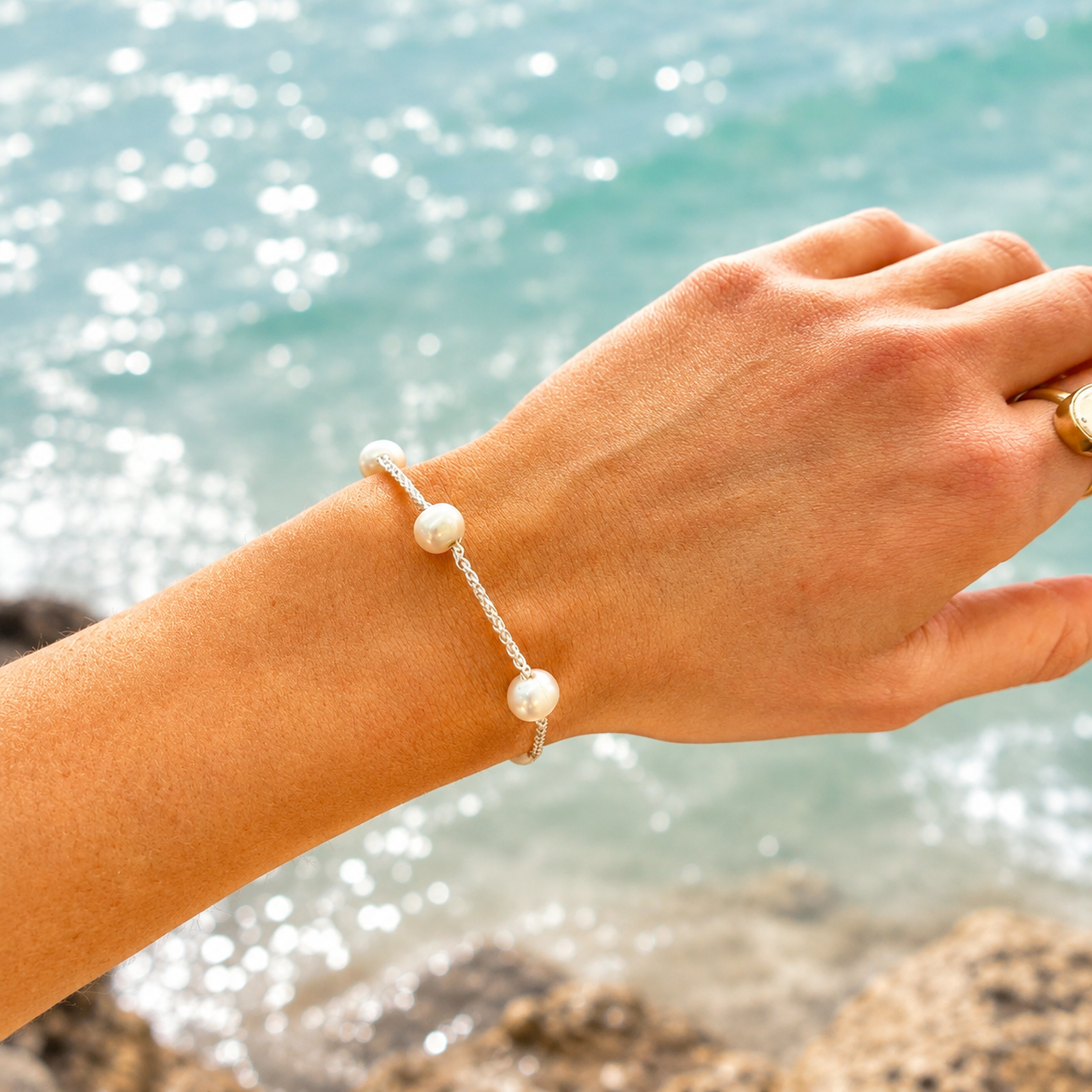 Alana Pearl Bracelet Silver with genuine freshwater pearls evenly spaced along a delicate 925 sterling silver chain
