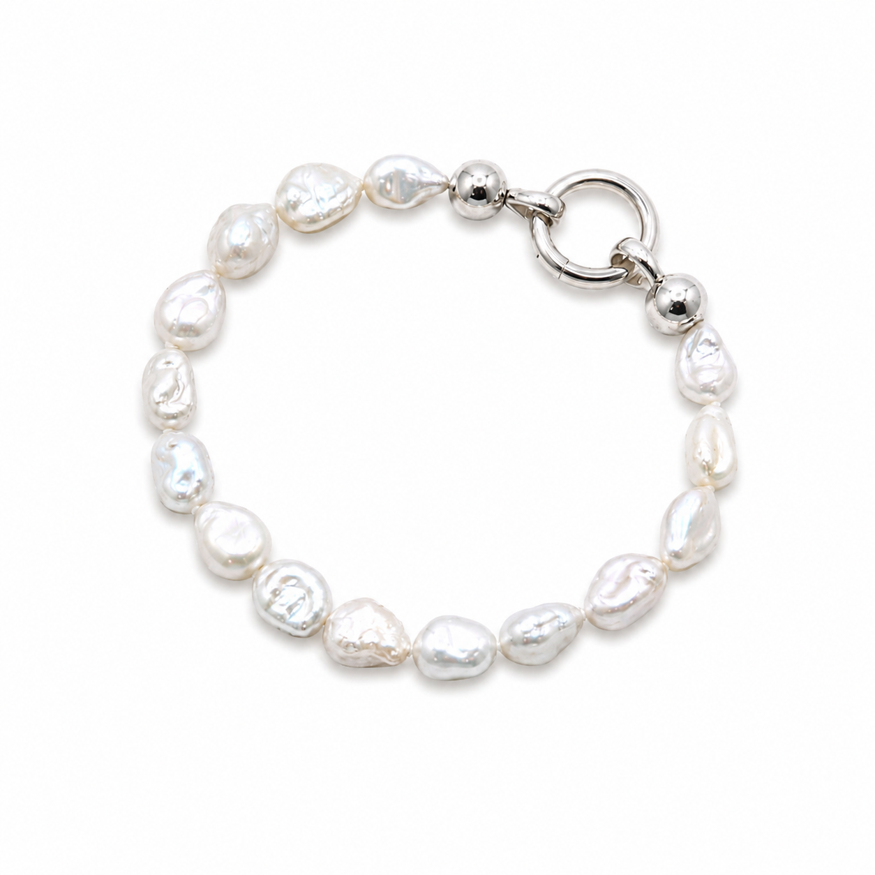Baroque Pearl 10mm Silk Knot Bracelet featuring lustrous white baroque pearls hand-knotted on silk with a sterling silver clasp.