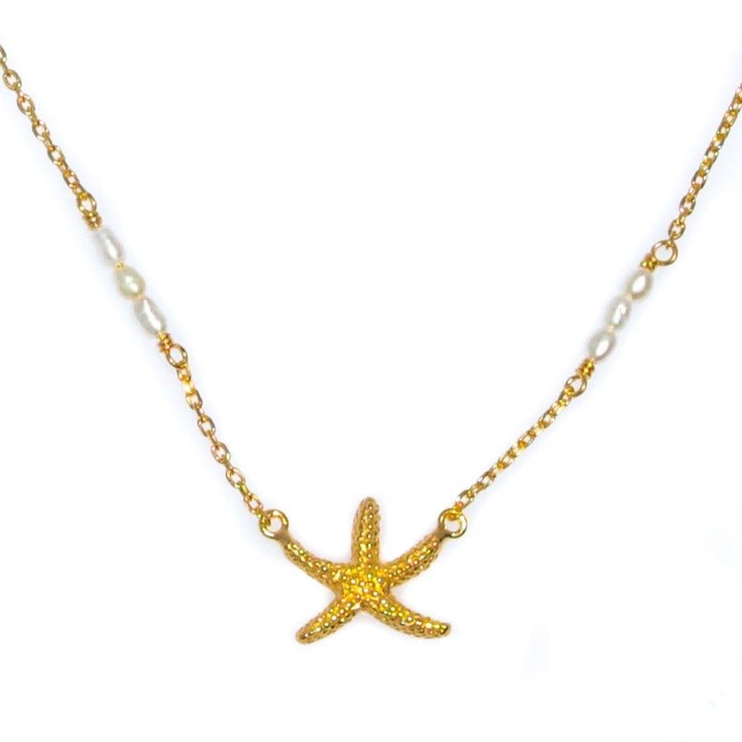 “Starfish rice pearl gold vermeil necklace designed in Broome Western Australia”