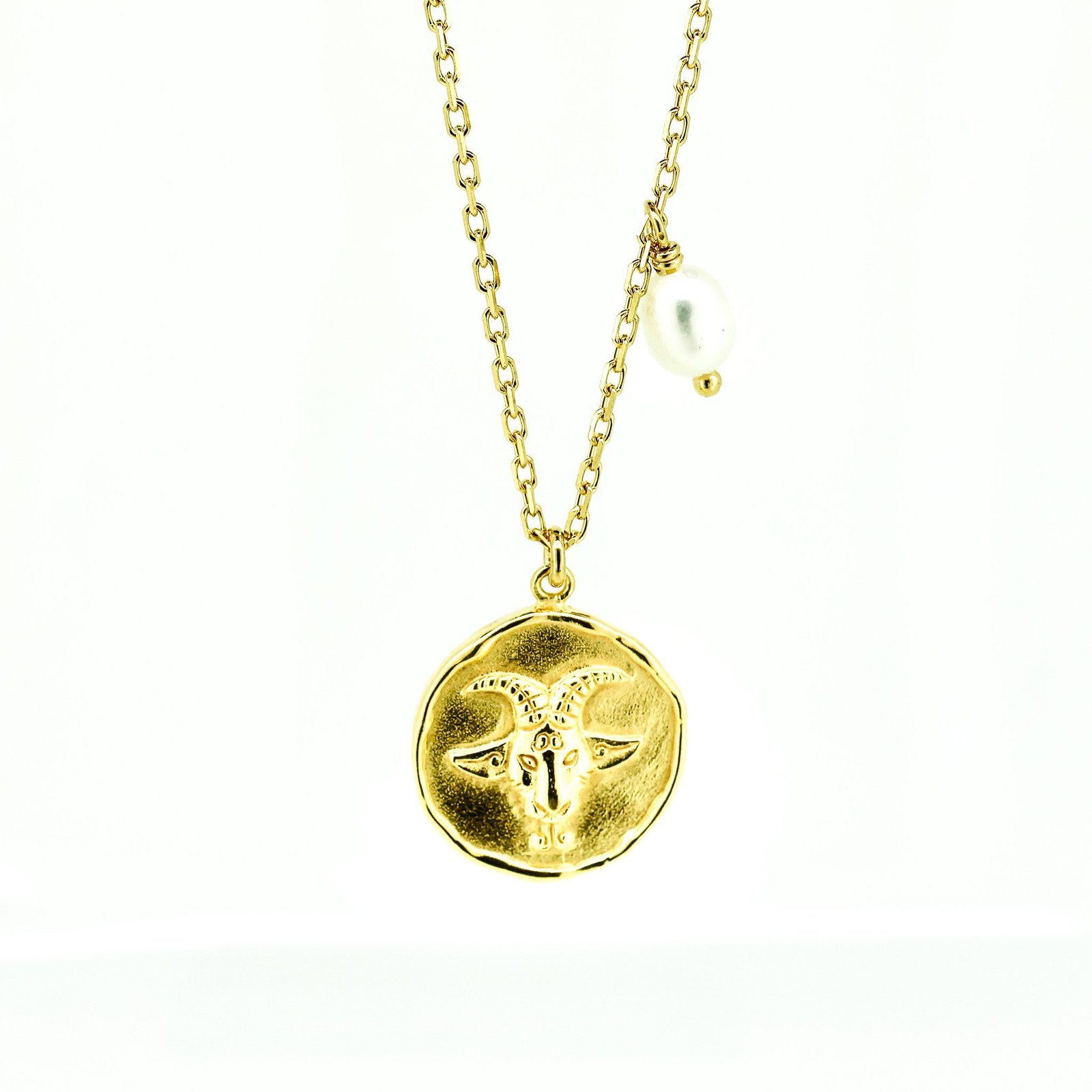 A gold vermeil necklace with an adjustable chain, featuring a round pendant with the Capricorn zodiac symbol in the center, accompanied by a small pearl-like bead.