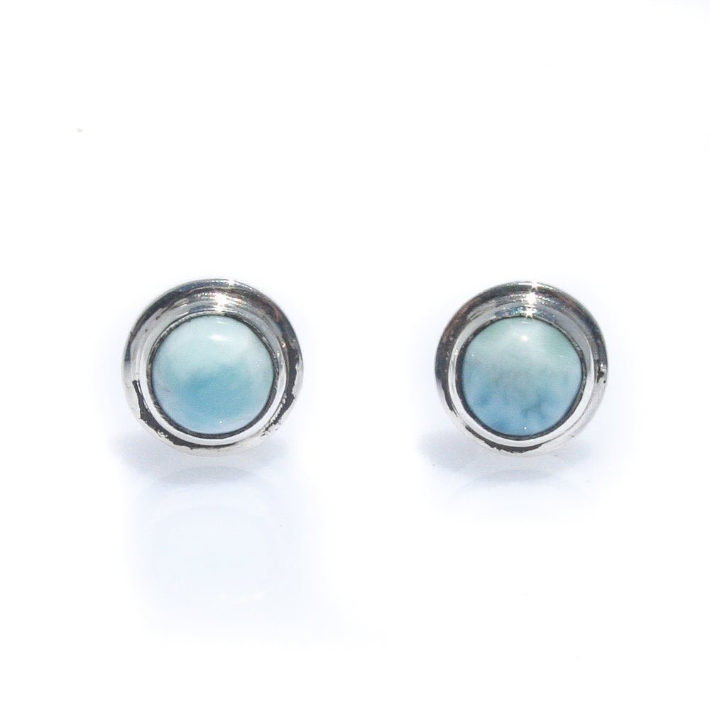 Azure Whispers Round Larimar Studs featuring genuine Larimar gemstones set in sterling silver with ocean-blue natural patterns.