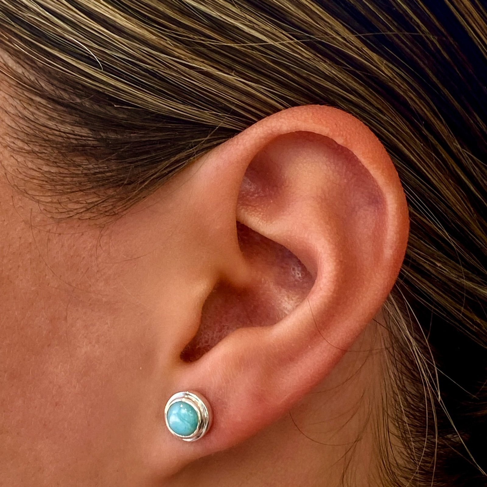 dainty round larimar studs set in sterling silver
