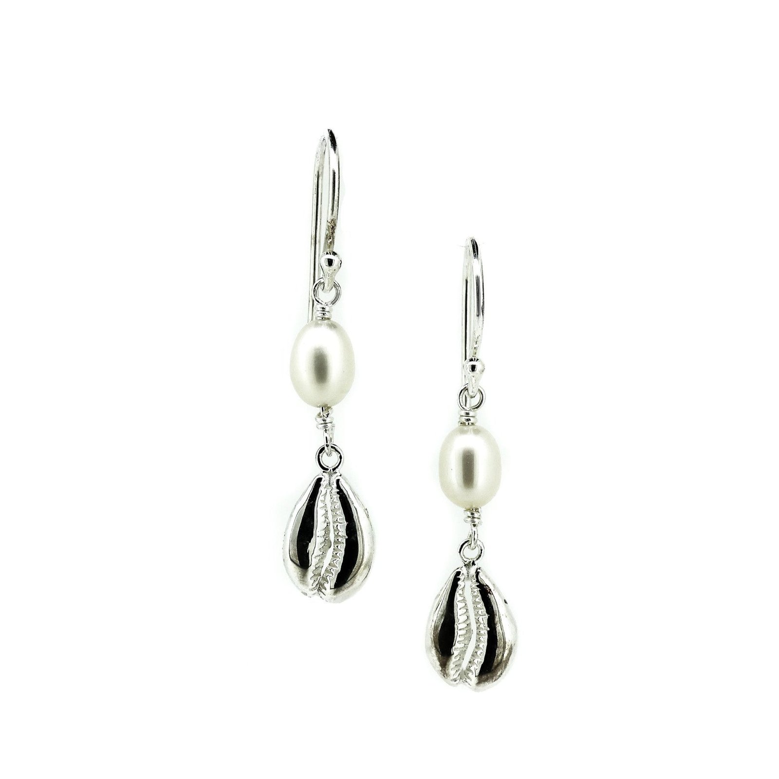 Beach Dreams cowrie shell pearl hook earrings in sterling silver