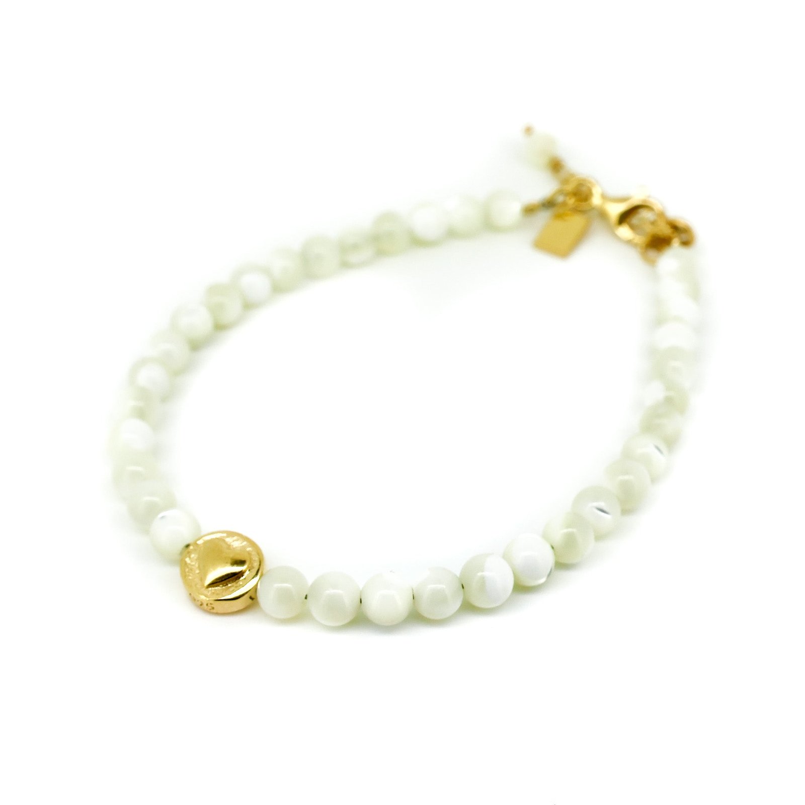 Beach Love Mother of Pearl Bracelet Gold featuring genuine mother of pearl beads, a polished gold heart charm, gold vermeil clasp, and adjustable chain.