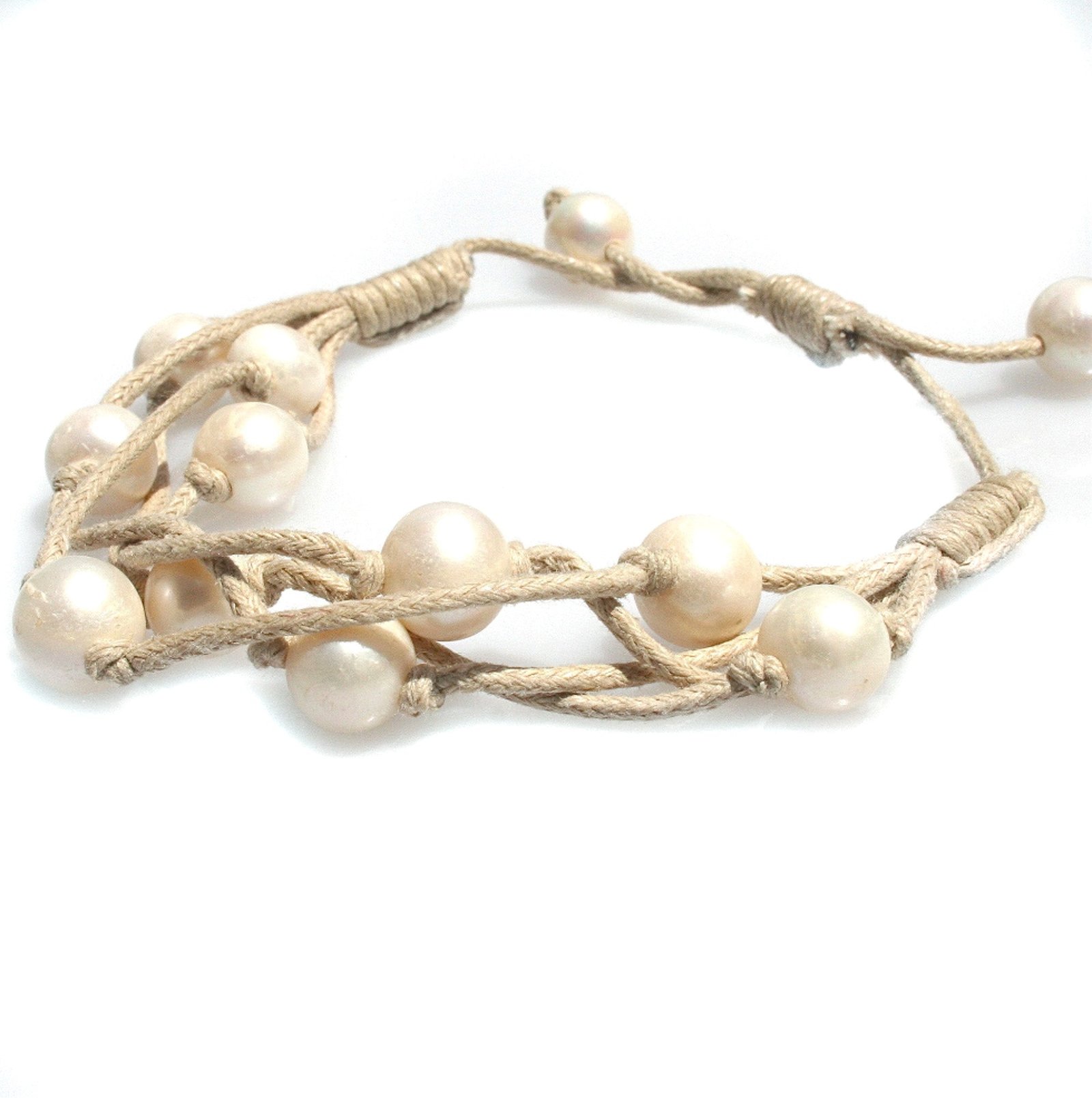 Boho pearl bracelet camel with freshwater pearls on adjustable cord