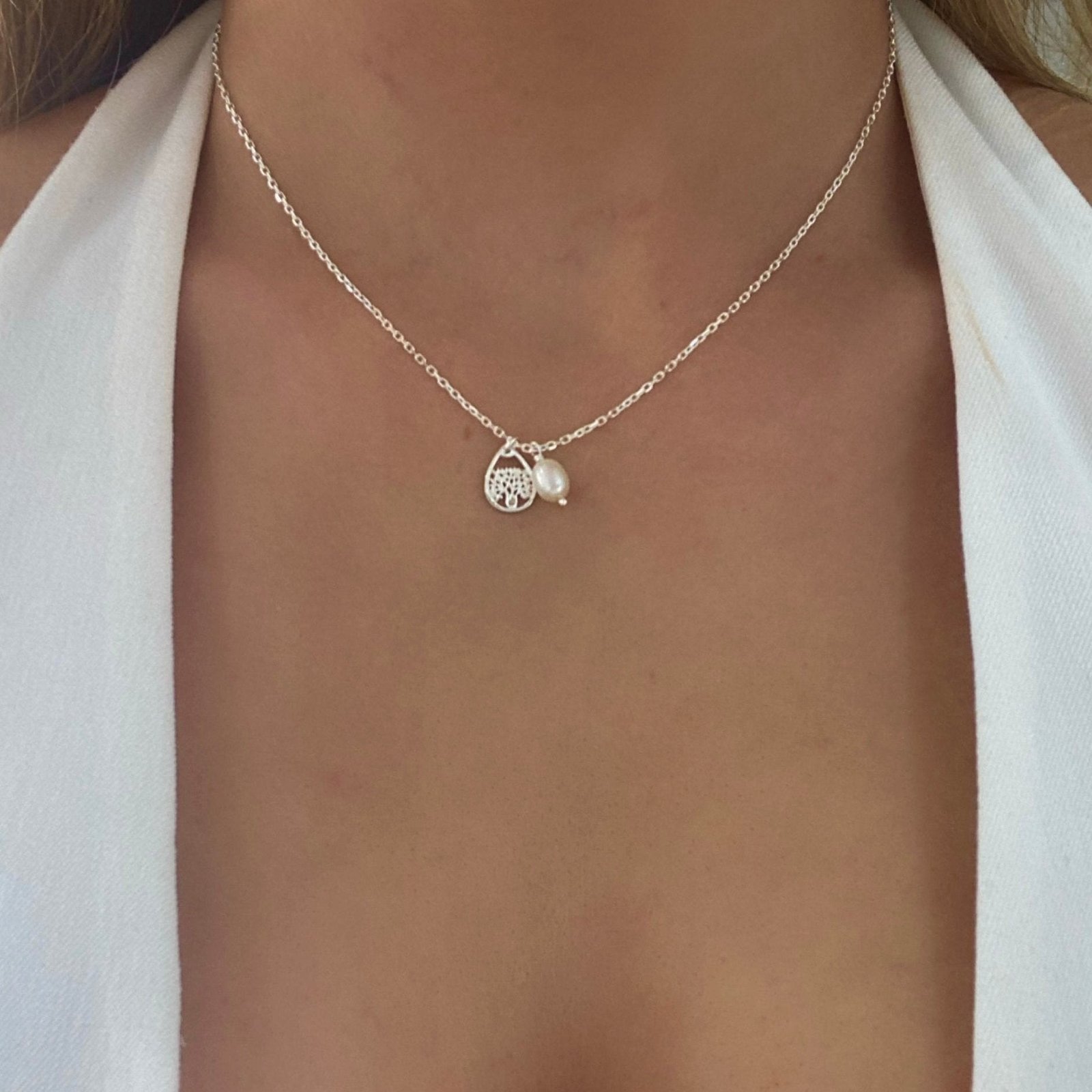 Dainty Boab Pearl Necklace in 925 sterling silver featuring a Boab tree charm and genuine freshwater pearl