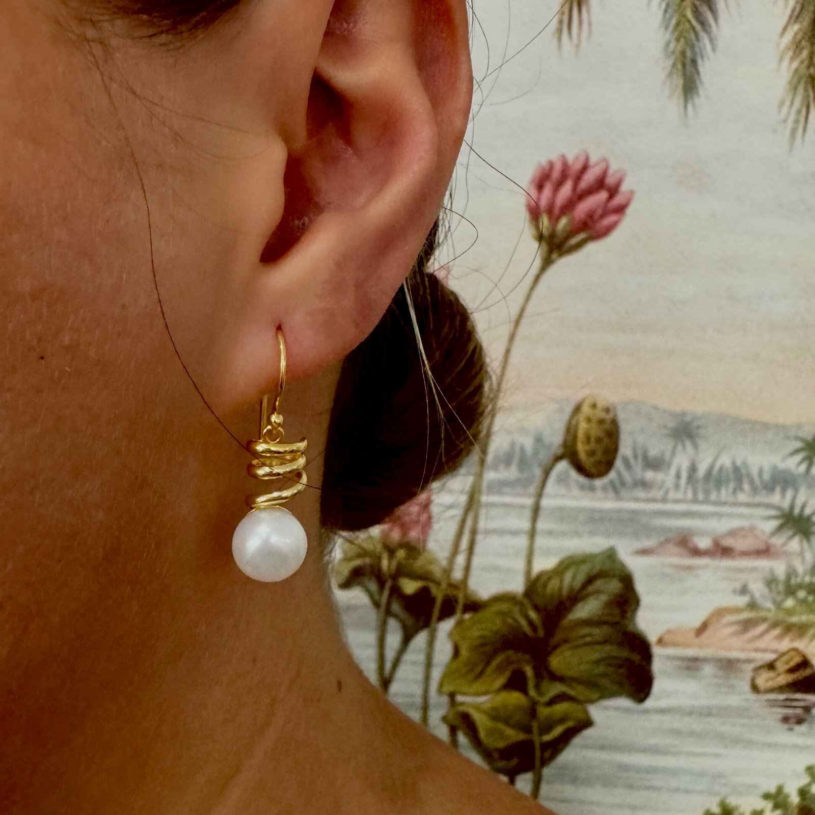 Spiral hook earrings with 8mm button pearl – Stairway to the Moon inspired jewellery